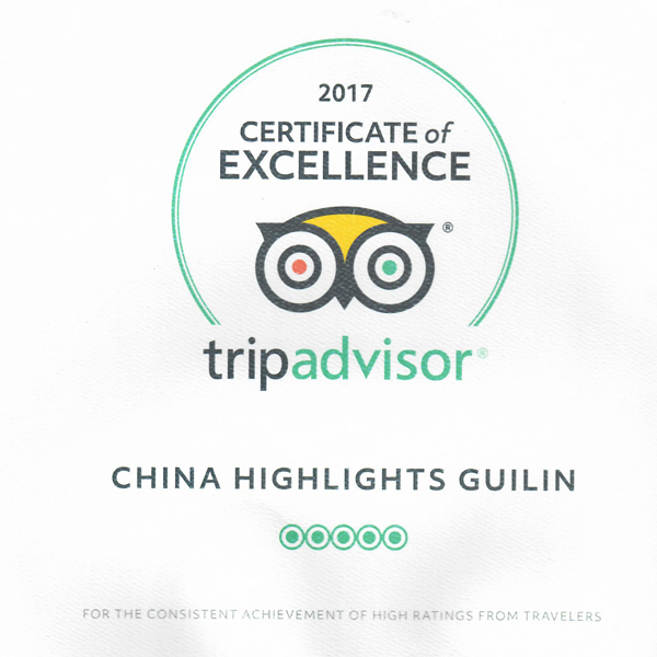 China Highlights Guilin Awarded Certificate of Excellence 2017 by TripAdvisor
