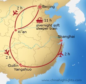 Map of Beijing - Xi'an - Guilin/Yangshuo – Shanghai