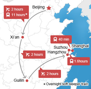Map of Beijing-Xian-Guilin-Hangzhou- Suzhou-Shanghai