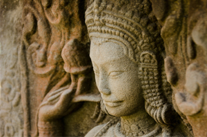 Beautiful carving of a female fairy in Bantey Srei of Siem Reap