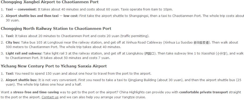 Yangtze cruise transport, airport and railway station to the port