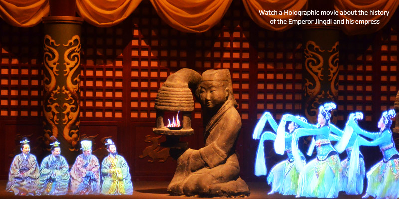 Watch a holographic movie about the history of the Emperor Jingdi and his empress
