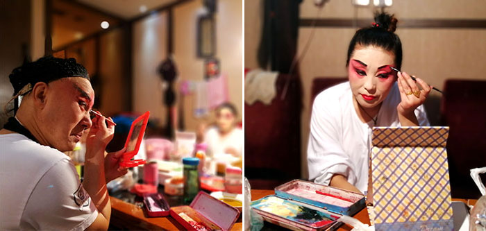 Actors and actresses are making up at the backstage