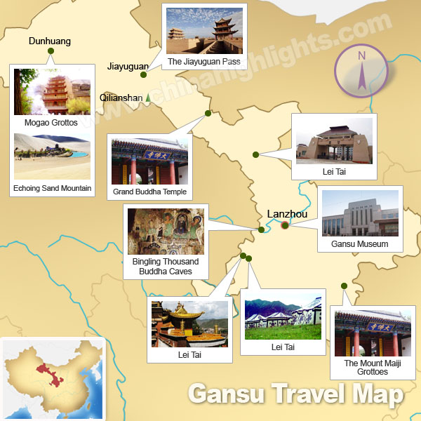 Gansu Map, Map of Gansu's Tourist Attractions and Cities