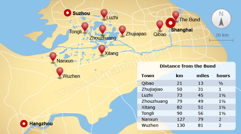 Locations of water towns